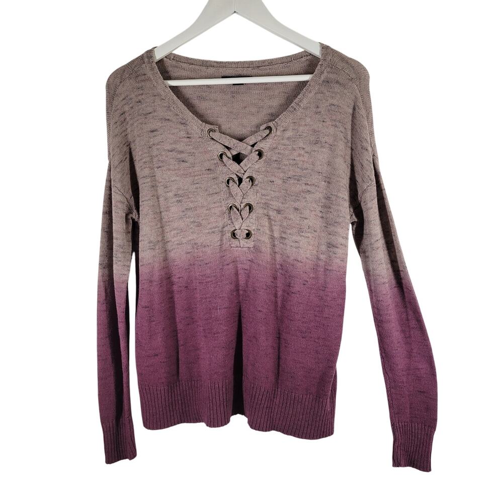 American Eagle Knit Sweater Womens Medium Ombrea Beige Pink‎ Criss Cross V Neck